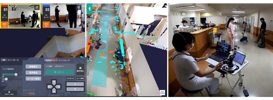 Image from the TransBots™ VR simulator (left) and multiple different robots being controlled simultaneously (right) as part of a pilot test to support nursing operations ©Toppan Inc.