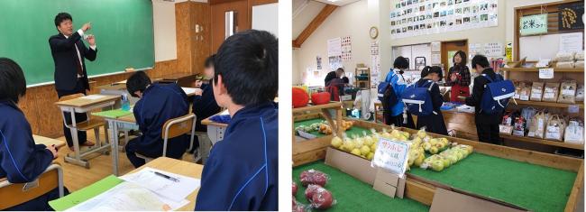 飯綱中学校の取材前授業の様子(左)と生徒が事業者に取材をする様子(右)