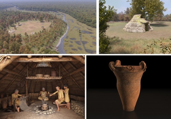 『VR下野谷縄文ミュージアム』より、シタノヤムラ鳥瞰（左上）、竪穴住居（右上）、竪穴住居内（左下）、折衷型土器３D（右下）