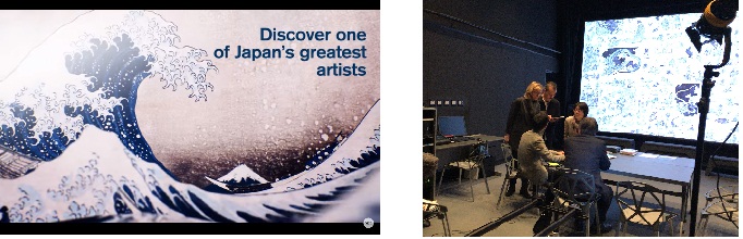 ドキュメンタリー映画「British Museum presents: Hokusai」映画内の一場面(左)と、撮影風景(右)