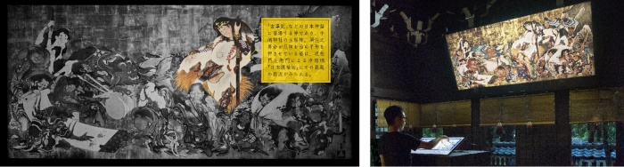 デジタル大絵馬『スサノオとヤクジン』（左）と、展示イメージ（右）