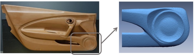 計測した自動車ドアのクレイモデル（左）と、今回生成した三次元形状モデル（右）