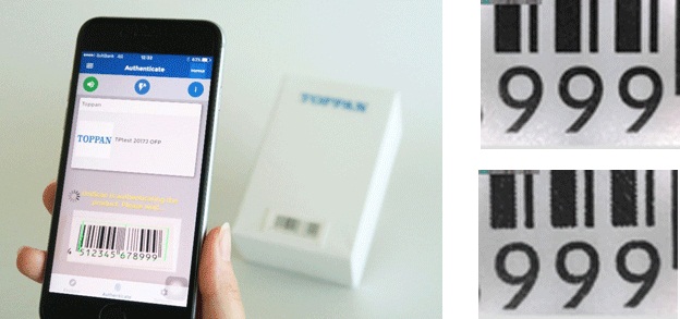 「UniSecure」の利用イメージ(左) バーコードを複合機でコピーするとまた別の差異が生じるため(右上:本物、右下:コピー)、複製が困難