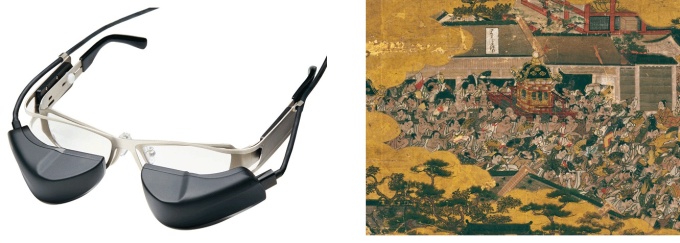 メガネ型ウェアラブル端末「b.g.」のイメージ（左）と、『洛中洛外図屛風 舟木本』の拡大イメージ（右）