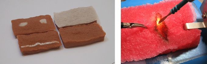 手術トレーニング用模擬臓器のサンプル(左)と、手術トレーニングでの活用イメージ(右)