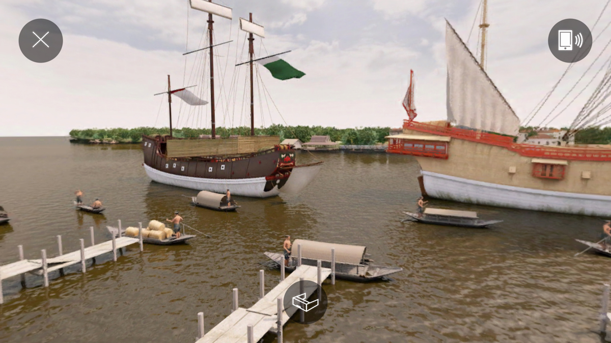 チャオプラヤ川に浮かぶ朱印船とシャム船