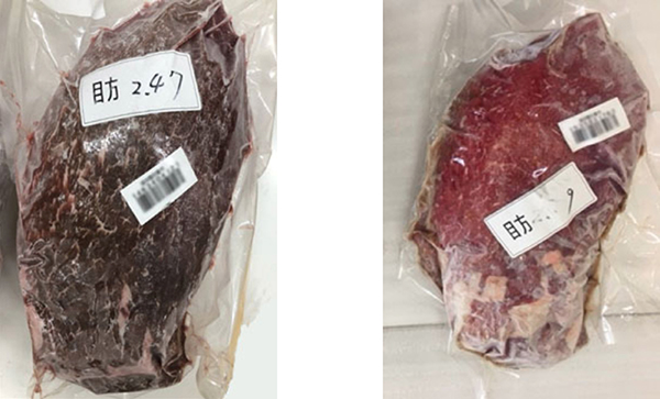 保存後の畜肉の状態 保存条件：-23℃　5か月保存 （左）ノンバリア品　（右）GL BARRIER使用品
