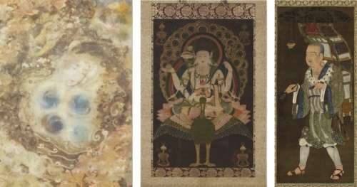 左：「白梅ニ椿菊図」、中：国宝「孔雀明王像」、右：「玄奘三蔵像」　（中・右：東京国立博物館蔵）