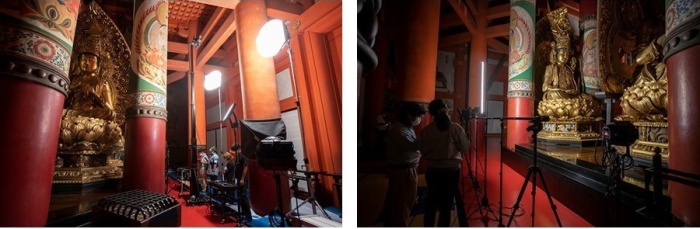 左：高精細デジタル撮影の様子。根本大塔・西塔内部で27,290カット、伽藍全体で97,000カット以上撮影 右：仏像や柱の質感を記録