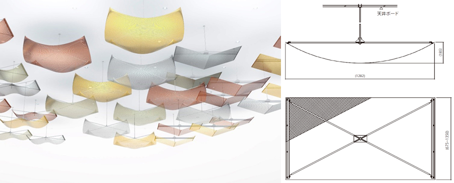 （右）三軸織物を活用した空間装飾イメージ、（右）モジュール例