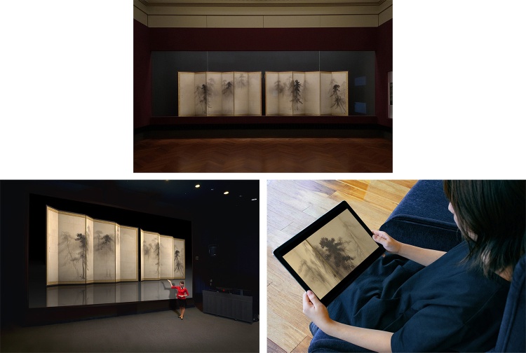 上:東京国立博物館での作品展示 下左:「TNM & TOPPAN ミュージアムシアター」でのVR上演 下右:「TNM & TOPPAN ミュージアムシアターチャンネル」視聴イメージ VR作品『国宝 松林図屛風—乱世を生きた絵師・等伯—』 監修:東京国立博物館、文化財活用センター 制作:凸版印刷株式会社