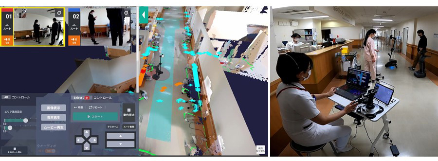 「TransBots®」を使った看護業務支援実証実験の様子 左：「TransBots®」のVRシミュレーター画像、右：複数の異種ロボットを同時に操作する様子 ©TOPPAN INC.