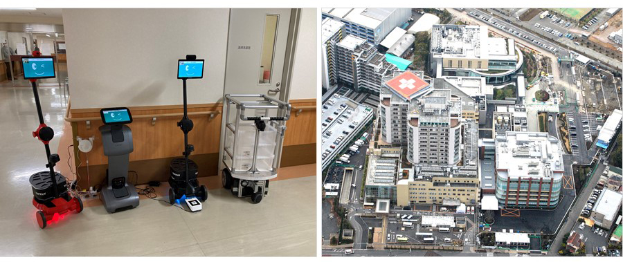 左：実証実験で使用したロボット、右：実証実験を実施した湘南鎌倉総合病院の外観図