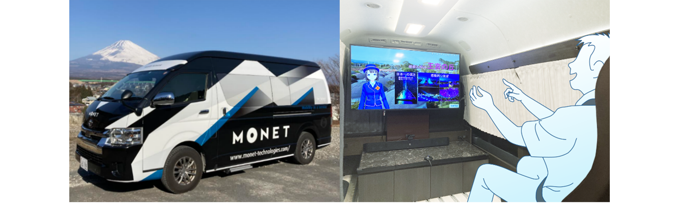 MONETのマルチタスク車両（画像左）とリモート接客システムを利用したアバターによる遠隔ガイド（画像右） ©TOPPAN INC.