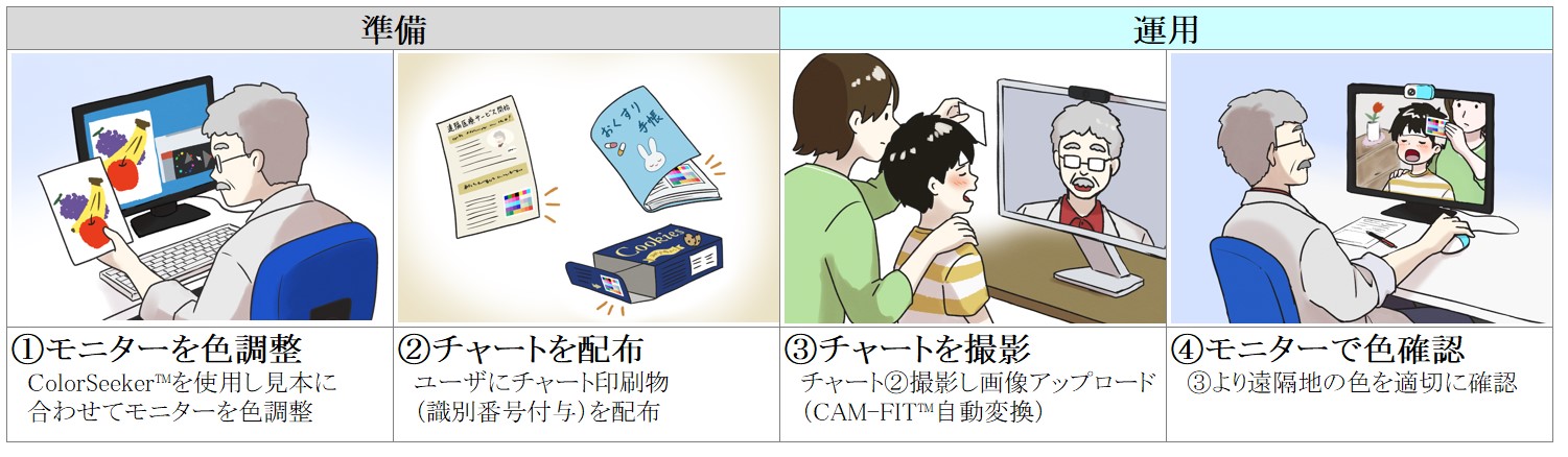 「ColorSeeker™」と「CAM-FIT™」を組み合わせた利用イメージ（オンライン診療への活用） 　© TOPPAN INC.