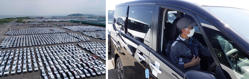 日産自動車九州埠頭エリア（左）、作業者による駐車車両の位置登録（右）