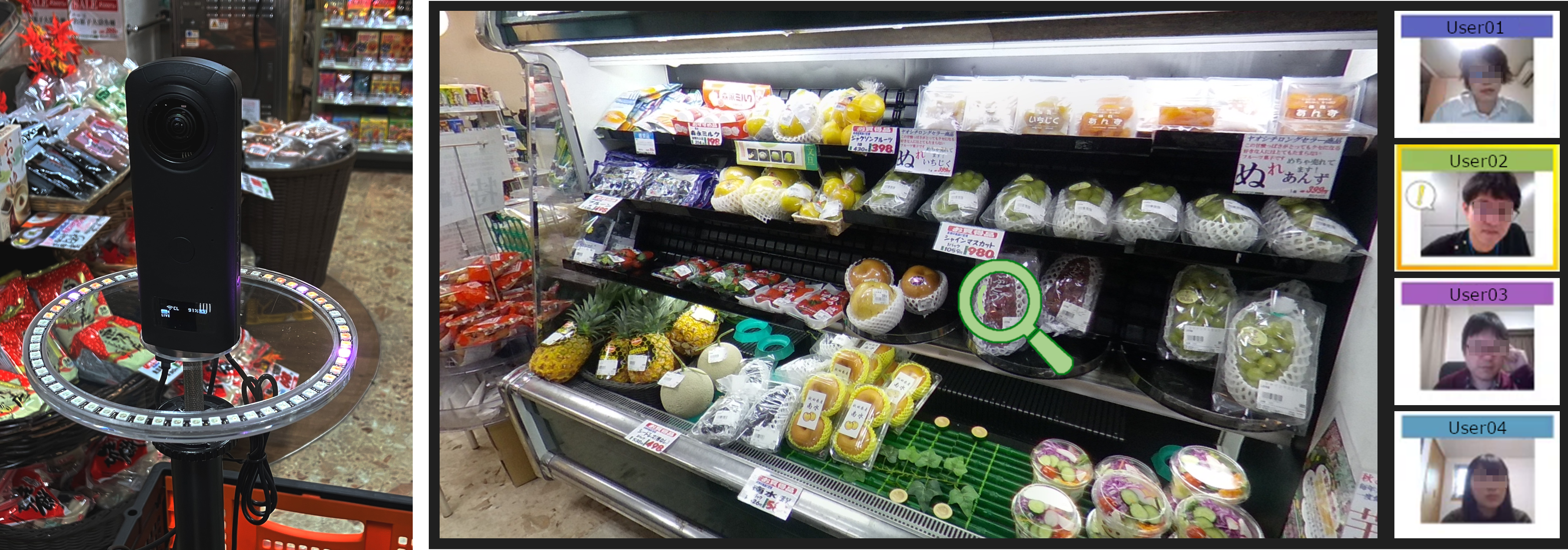 多人数遠隔ショッピング支援システムの利用イメージ （左：店舗での方向提示デバイス、右：遠隔利用者のWEB画面） ©TOPPAN INC.