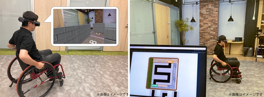 「車いす×MRゲーム」を体験している様子 左:車いすに乗車している体験者が見ているゲームのイメージ 右:パズルを動かす操作者の画面と車いすに乗車している体験者の様子