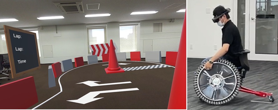 左:MRコンテンツ「8の字コース」のイメージ (※画像は細部の変更可能性あり) 右:電動アシスト車いす「スライドリフト」に乗車している様子