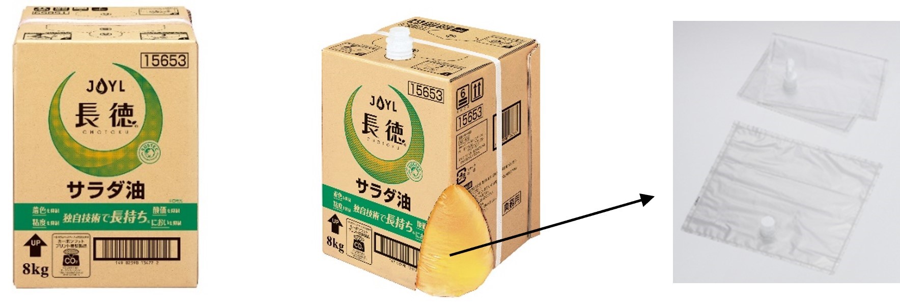 BIBが使用されている、J-オイルミルズの代表商品である業務用長持ち油「長徳®」 (中央の画像は中身が見えるように段ボールを切ったもの)