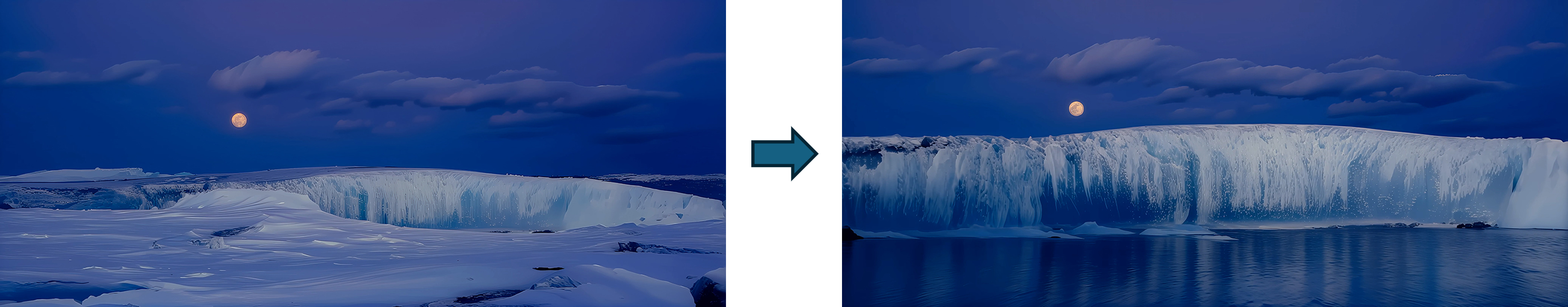 「Meet Japan!®」の元画像(左)をAIで拡張し、ドローンが低空飛行するような移動感のある映像(右)を生成