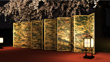 （左）夜桜の下で「洛中洛外図屛風（舟木本）」を楽しむ