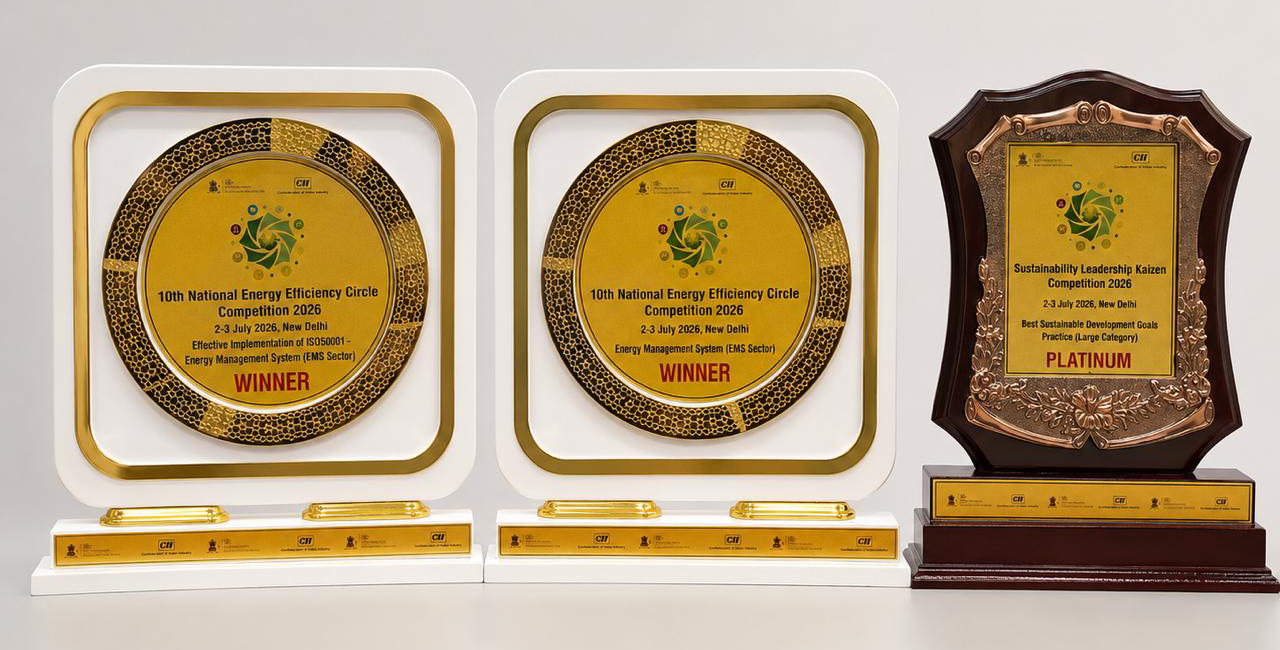 「10th CII National Energy Efficiency Circle Competition 2026」にて授与された3部門の賞の記念盾