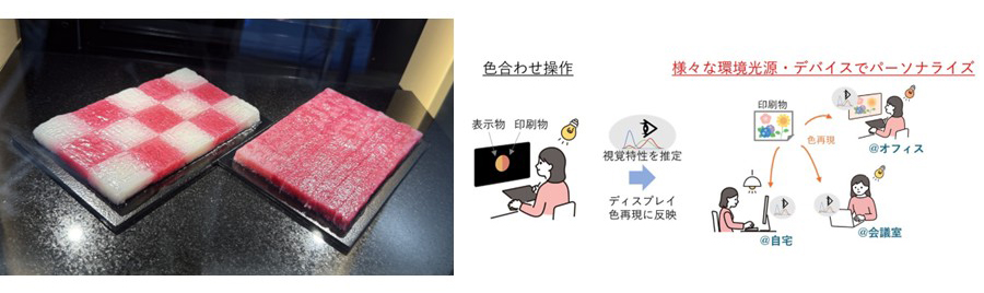 独自バイオマテリアルを活用した培養肉作製技術（左）と ディスプレイの色の見えパーソナライズにおける等色関数推定手法の構築（右）
