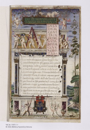 ルクレティウス 『物の本質について』 1483年 ヴァチカン教皇庁図書館蔵 Vat. lat. 1569, f. 1r ©2026 Biblioiteca Apostolica Vaticana