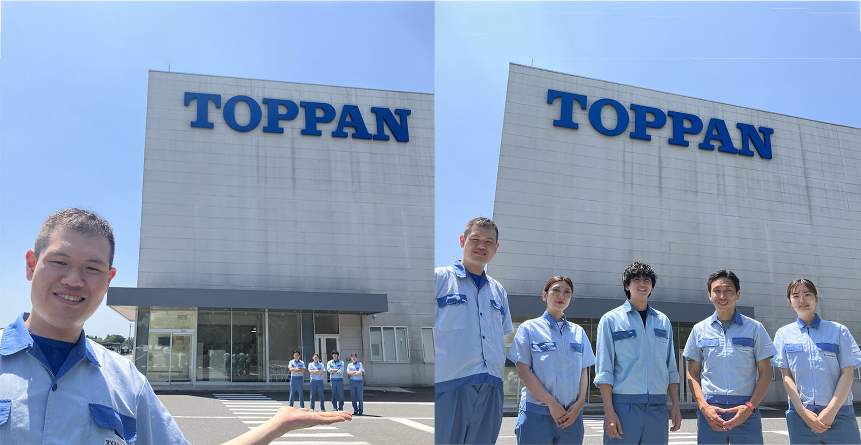 男性社員の左手に社員4名が載っている写真と男性社員3名と女性社員2名の集合写真の組み合わせ