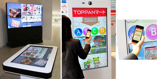 (左)テーブル型デジタルサイネージとマルチディスプレイの連携 (右)デジタルサイネージと連動したスマートフォンへのクーポン配信